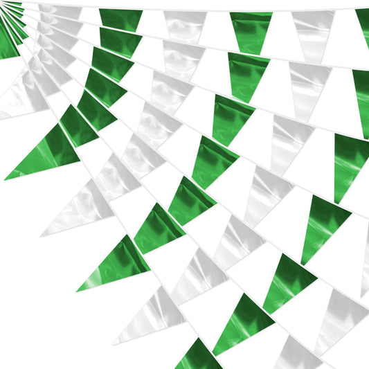 32.8FT Green Silver Glitter Triangle Pennant Banner Flag Metallic Bunting Outdoor Garland for Christmas Graduation Wedding Engagement Anniversary Bachelorette Bridal Shower Valentine's Party Decor