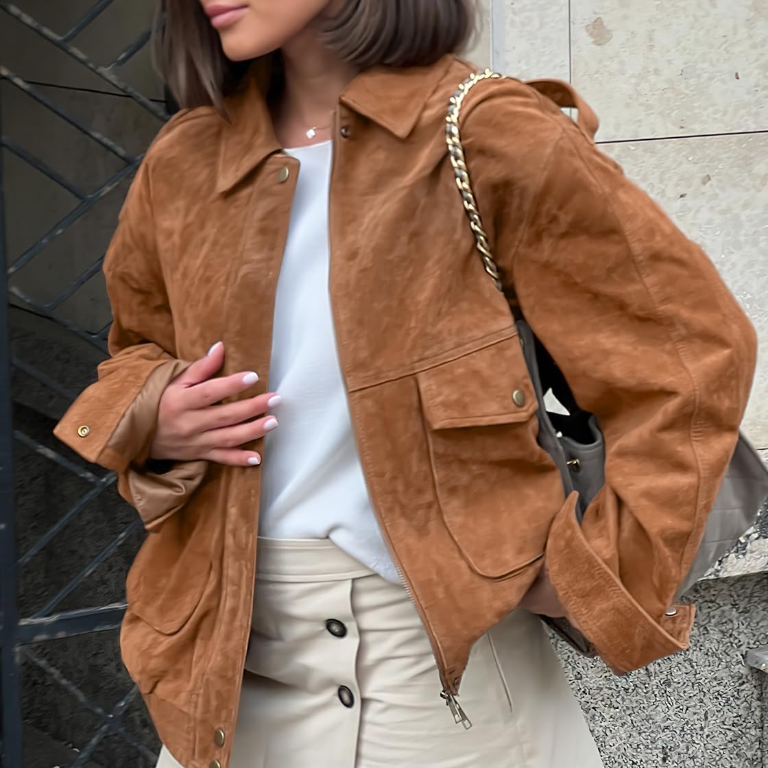 chouyatou Women Vintage Faux Suede Jacket Zip Up Bomber Jacket Lapel Collar Cropped Biker Moto Jacket Coat (X-Large,Brown)