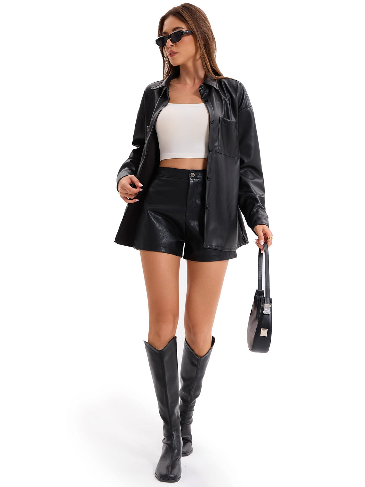 Haianguoji Women's Faux Leather Button-Down Shirt Jacket Lightweight Long Sleeve PU Blouse Shacket Tops (Black, XS)