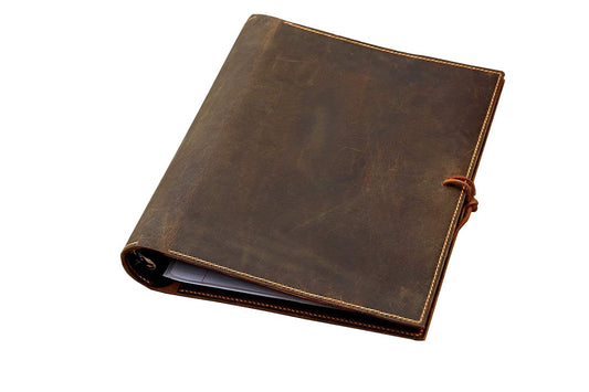 leather 2 inch 3 ring presentation binder portfolio organizer, vintage leather notepad document folder hard cover letter size