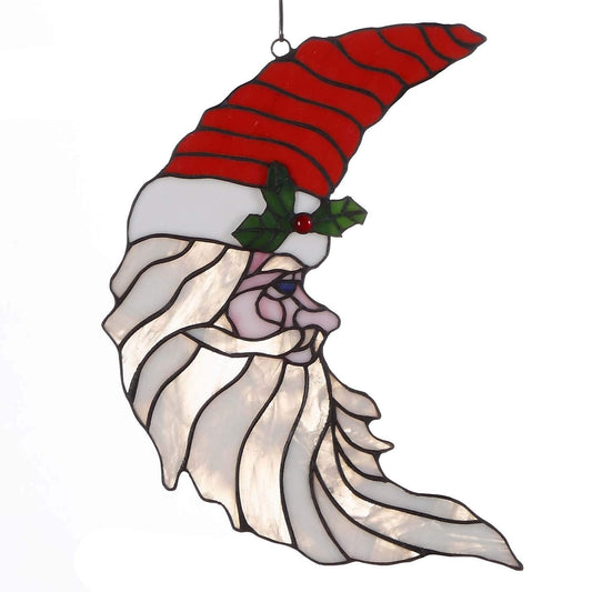 Bieye W10019 Santa Claus Head Moon Tiffany Style Stained Glass Window Panel with Hanging Chain, 11" W x 15" H