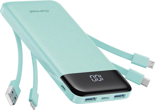 charmast 10000mAh Pack 6 3 5A Portable Charger with Built in Cables, Power Bank with Cords Wires, Slim Travel Battery