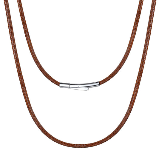 Bestyle Brown Leather Necklace for Men Women,Waterproof Wax Woven Rope Chain with Stainless Steel Clasp, 2MM Leather Cord Necklace for Pendants 16"