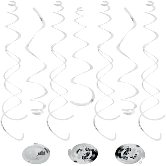 24 PCS Silver Foil Hanging Swirl, Sparkle Ceiling Hanging Decorations, Plastic Streamer Party Decorations, Swirl Decorations with Double-Swirls and Single-Swirls for Birthday,Happy New Years