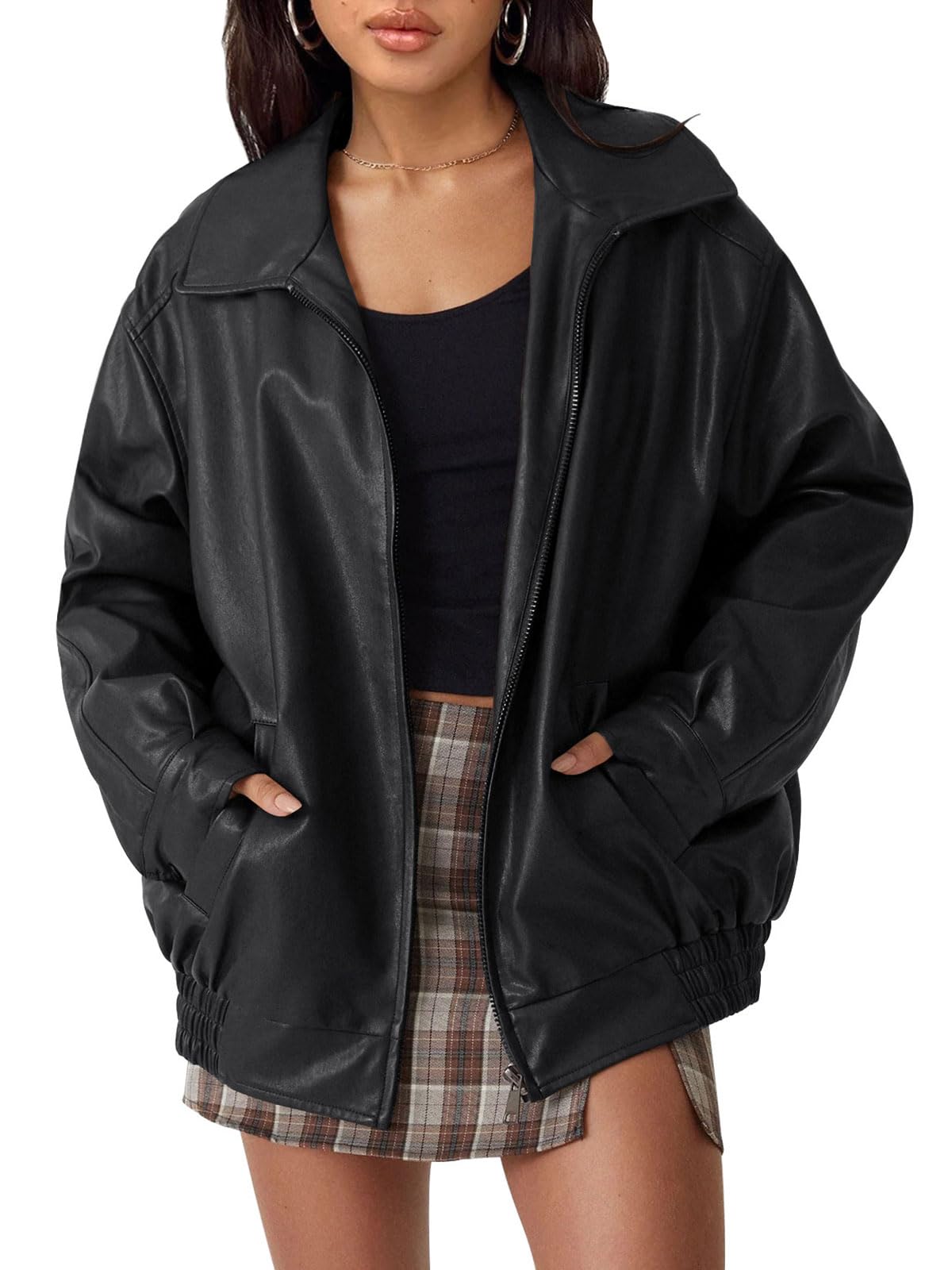 AUTOMET Women's Oversized Faux Leather Jacket Boyfriend Biker Moto Coat Lightweight Fall Bomber Outerwear Black S