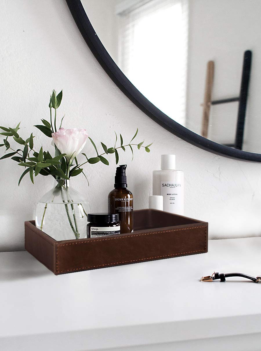 HofferRuffer Decorative Vanity Tray, Desktop Storage Organizer, Catchall Tray, Valet Tray, Nightstand or Dresser Organizer, PU Faux Leather Bathroom Tray, Brown, 10.2 x 8.4 x 1.8 inches