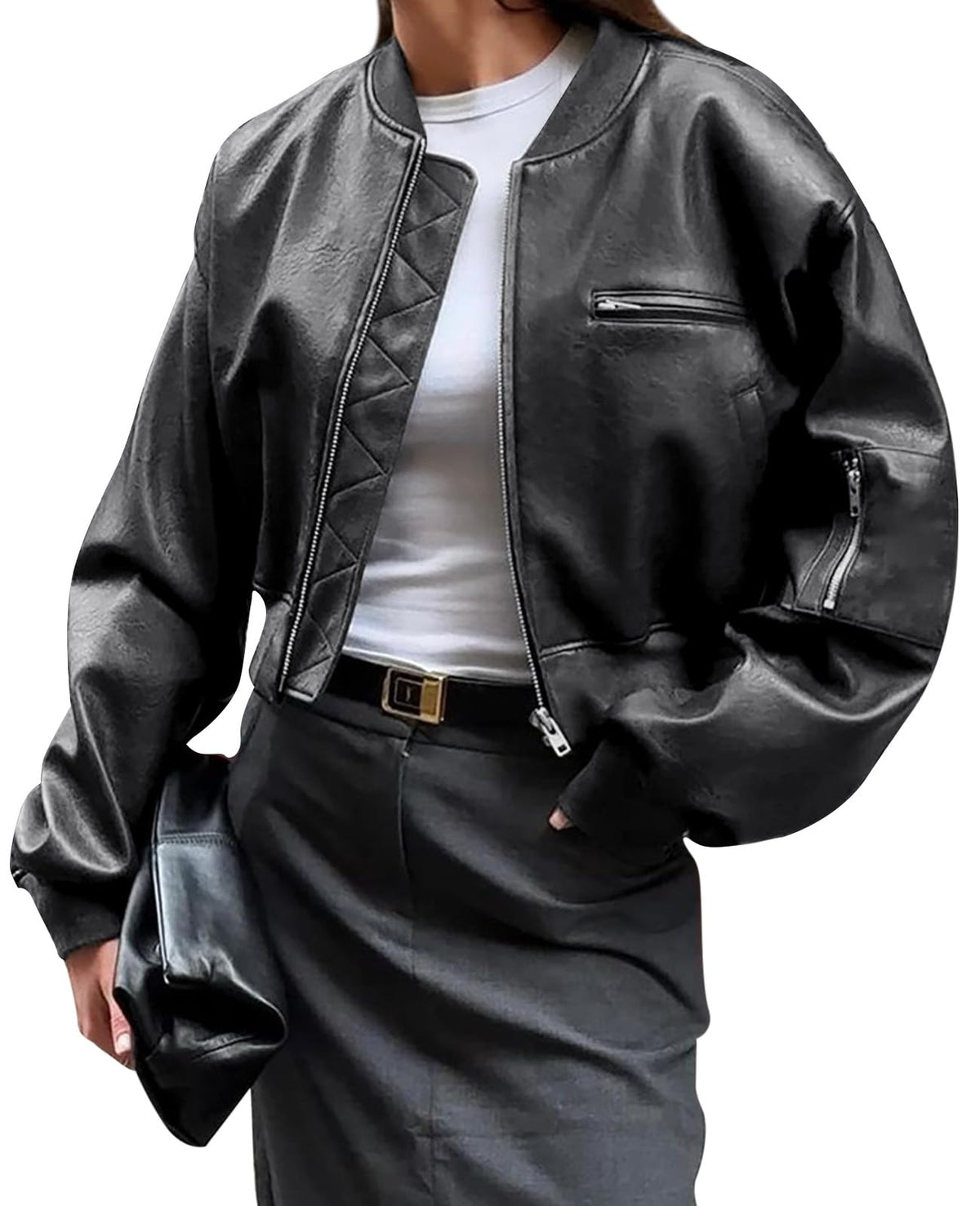 Cicy Bell Womens Faux Leather Bomber Jackets Baseball Collar Zip Up Cropped Biker Coat with Pockets