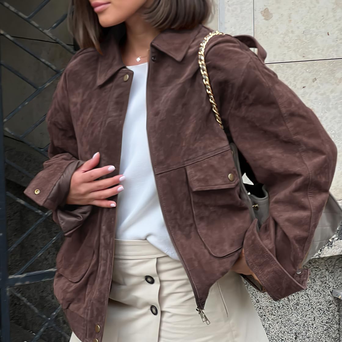 chouyatou Women Vintage Faux Suede Jacket Zip Up Bomber Jacket Lapel Collar Cropped Biker Moto Jacket Coat (X-Large,Coffee)
