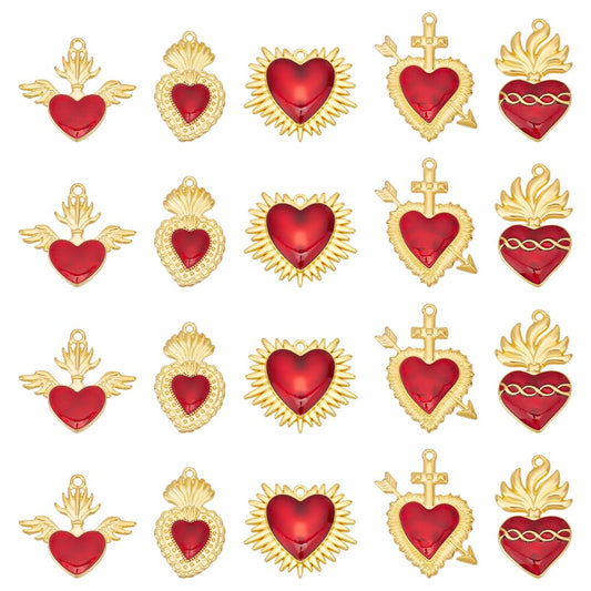 UNICRAFTALE 20Pcs 5 Styles Heart Charm Alloy Enamel Pendants Golden Sacred Heart Charm Red Heart Thistles Thorns Fancy Enamel Charm for Jewelry Making Charms Valentine's Day DIY Crafts Supplies