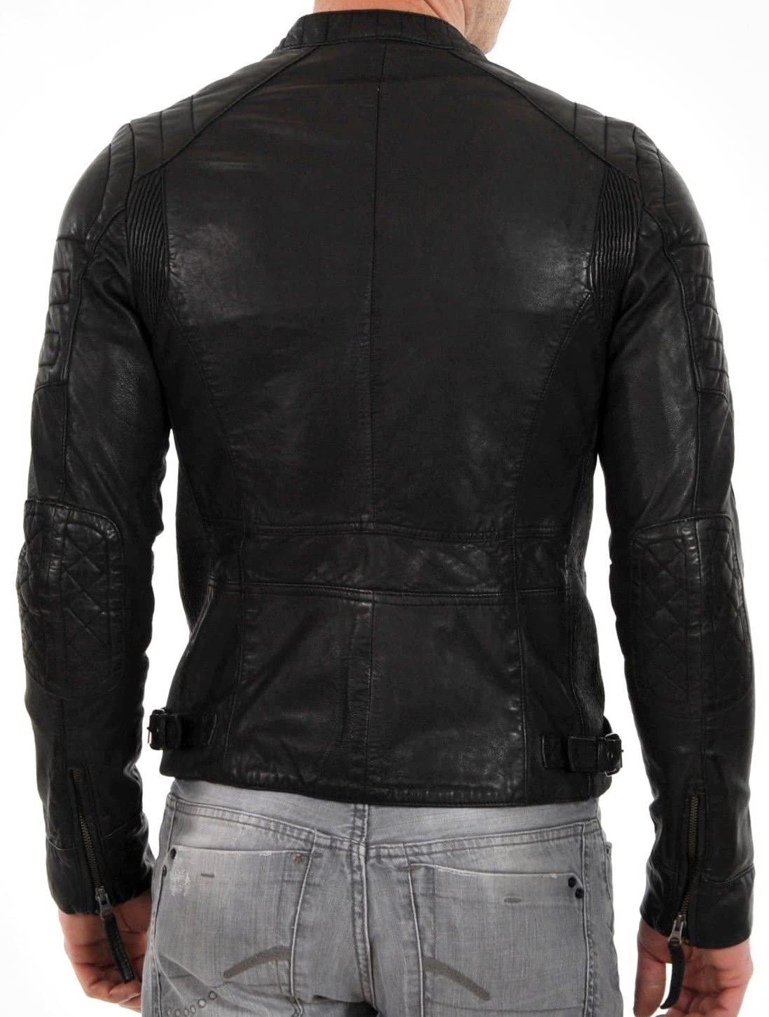 DECIMAL Men's Black & BROWN Genuine Lambskin Leather Biker Jacket VINTAGE REAL MOTORCYCLE JACKETS FOR MEN (L, BLACK)