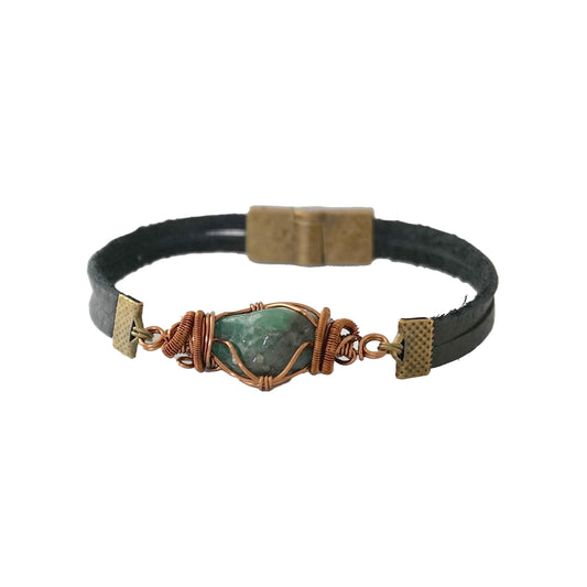 Valor 835 Raw Emerald Mens Bracelet | Copper Wire Wrapped Crystal Bracelet for Men, Genuine Leather Cord with Magnetic Clasp, Gifts for Him, Gifts for Men, Mens Jewelry, Green Stone Jewelry