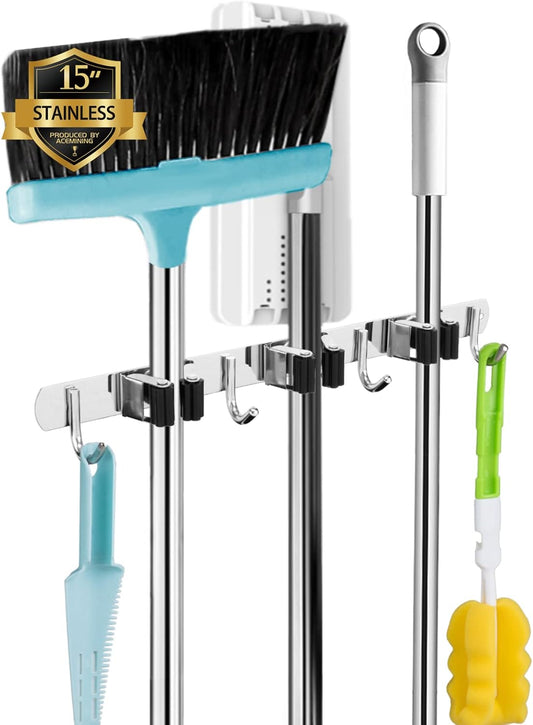 Skiennix Broom and Mop Holder - Wall Mounted Garage Organizer with 3 Racks & 4 Heavy-Duty Hooks | Stainless Steel, Non-Slip