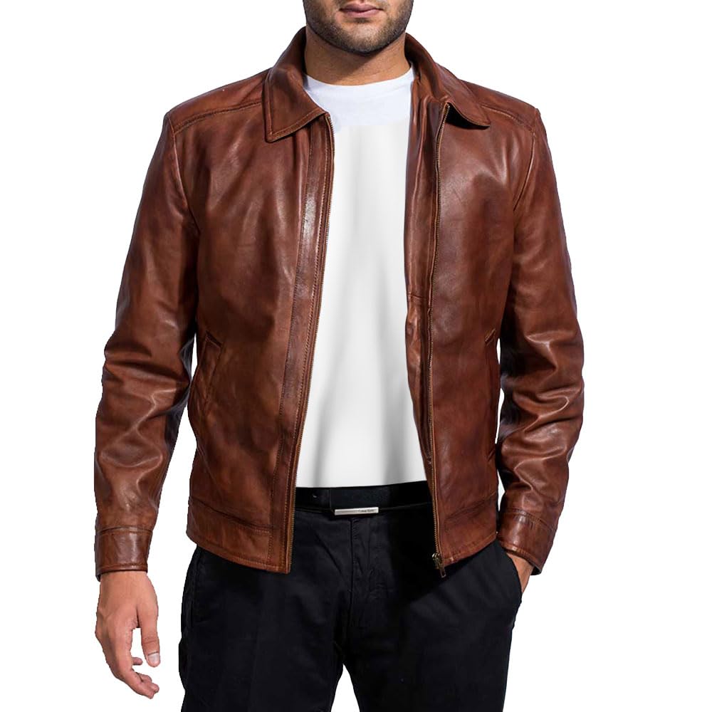 Mens Leather Jacket - Real Lambskin Classic Vintage Style Leather Jackets For Men Brown Leather Jacket for Mens (US, Alpha, Small, Regular, Regular, Brown)