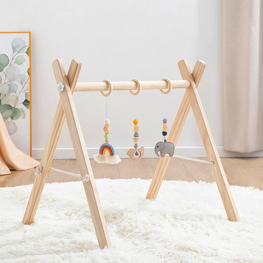 Toyking Wooden Baby Play Gym with Hanging Bar, 4 Gym Toys and Natural Pine Wood, Perfect for Infant Development