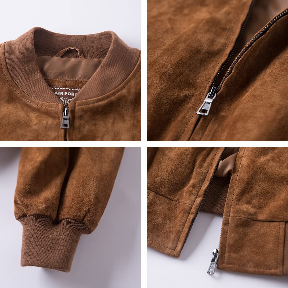 FLAVOR Men's Leather Baseball Jacket Vintage Suede Pigskin (Medium, Brown)
