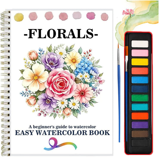 Watercolor Workbooks Coloring Book Easy Nature Scenes Beginner Friendly Watercolor Paint Set Art Crafts Painting Kit for Creative Exploration Gift for Adults Beginners (Flowers, with Palette)