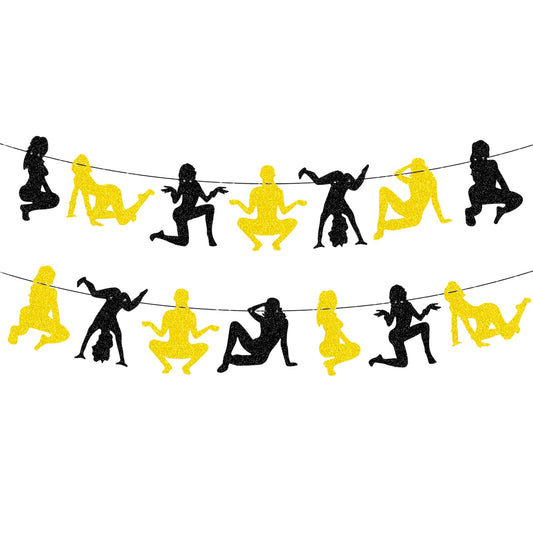 Black and Gold Women Silhouette Garland Banner, Hanging Glitter Dancer Cutouts for Bachelor, Birthday, Nightclub, and Party Decorations