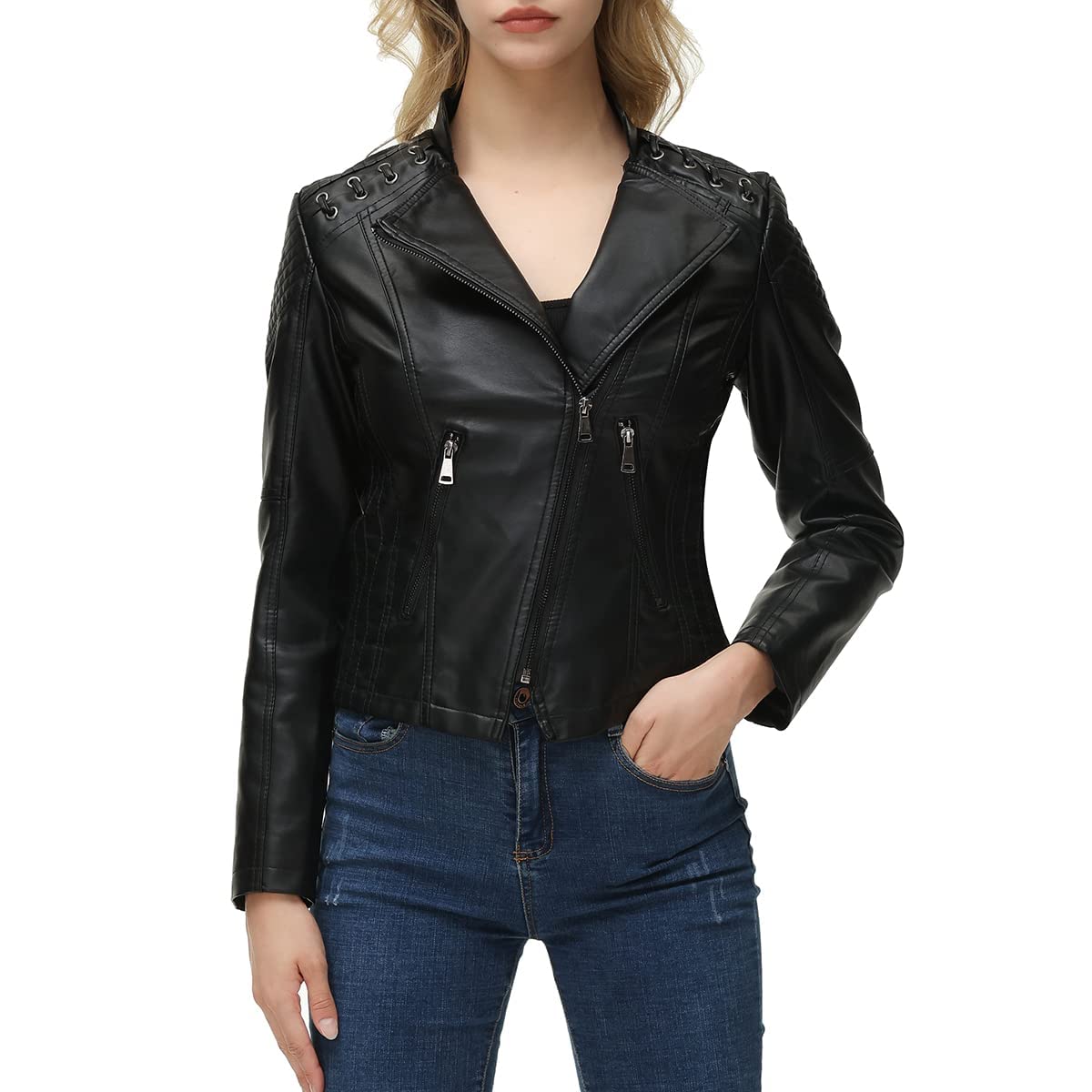 MODFUL Women's Faux Leather Moto Jacket Casual Short Solid Color PU Biker Coat with Pockets(Black,Large)