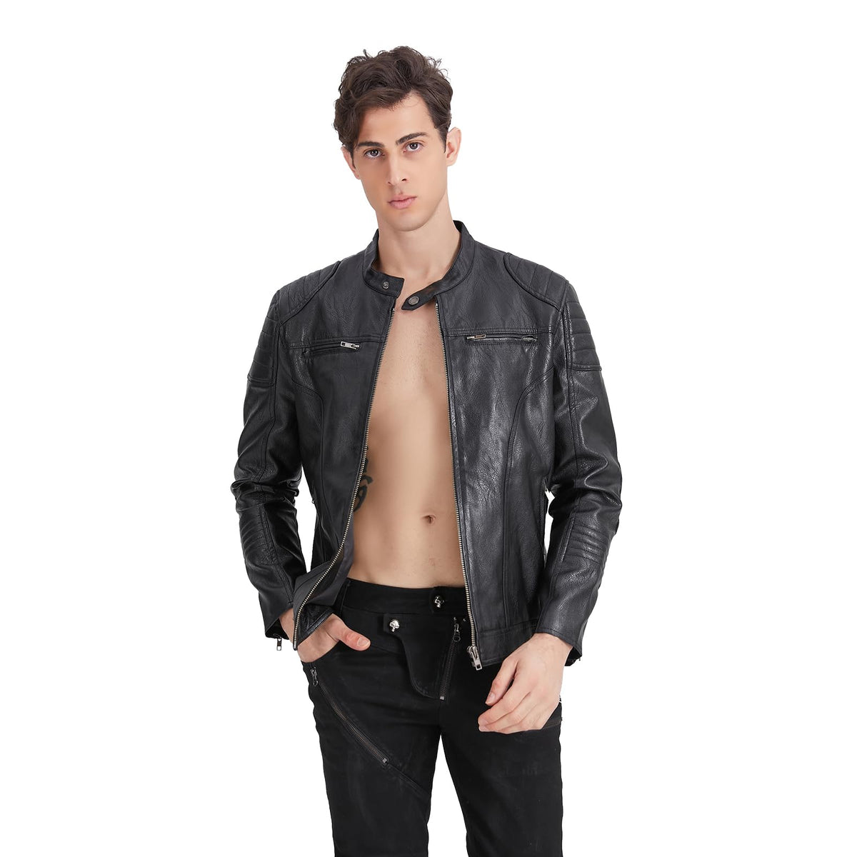TZMAPU men's motorcycle PU leather jacket Punk style standing collar short jacket (Large, Black)