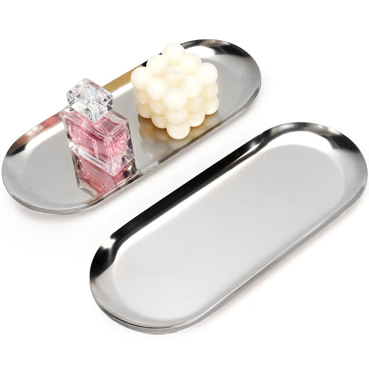 2PACK Silver Decorative Tray,Oval Stainless Steel Trays, Decorative Tray for Jewelry Dish Cosmetics Organizer Bathroom Clutter Serving Platter (Silver, 10 in)