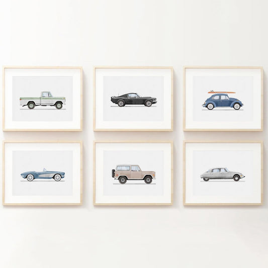 Blue Car Wall Art Decor Boys Room Wall Art Vintage Cars Canvas Poster Pictures Toddler Kids Room Prints Watercolor Vehicle Artwork Painting for Boys Bedroom Nursery 8x10 Inch Unframed Set of 6