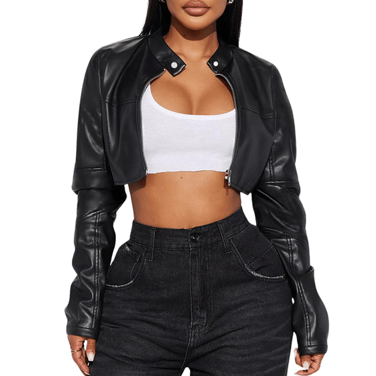 Charyeah Women's Fashion Faux Leather Jacket Crop Short Cropped PU Slim Zip Up Moto Biker Coat Motorcycle Jackets Coat (US, Alpha, Large, Regular, Regular, Black)