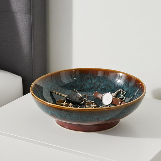 Ronanemon Ceramic Fruit Bowl,10.2" Decorative Bowl, Large Fruit Bowl for Kitchen Counter, Pedestal Bowl, Kitchen Counter Décor, Bread Candy Snacks Organizer(Magic Eye Blue)