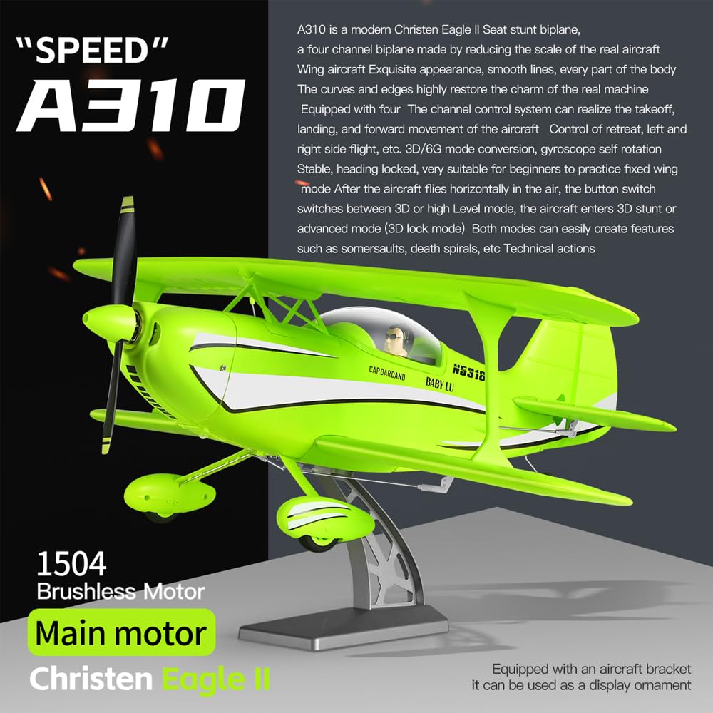 Park10 Toys RC Plane 4CH A310 Biplane RC Airplane for Adults Beginners 3D/6G 1504 Brushless Motor Remote Control Plane EPP Foam 2.4G Fixed-Wing Model Plane with 2 Batteries