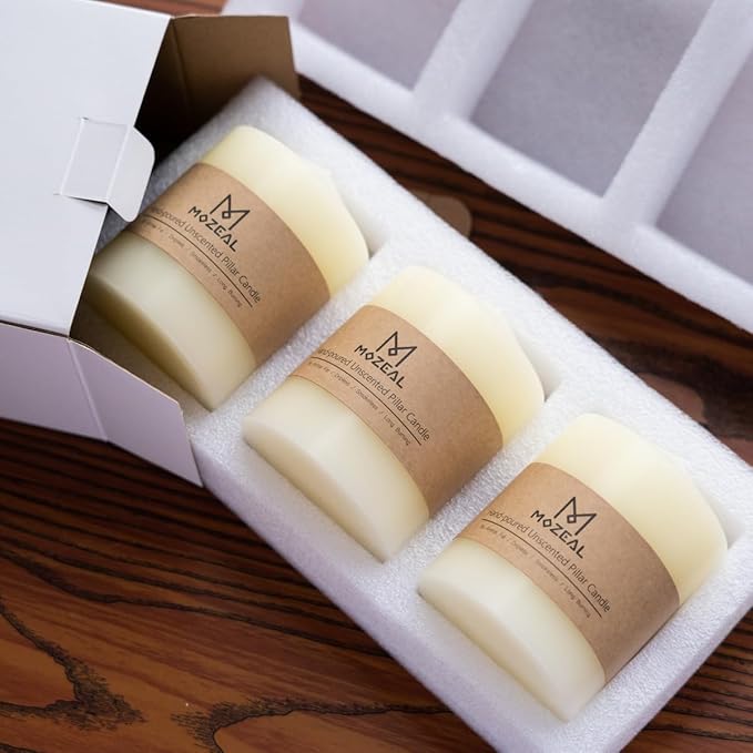 MOZEAL 3" x 4" Hand-Poured Unscented Dark Red Pillar Candles,Dripless Candles Set of 3,Smokeless,Clean Burning,Approx 60 Hours Burn Time,Dinner,Christmas and Home Decorï¼? Inch Width Seriesï¼?Bordeaux