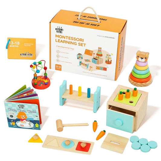 123 BABY BOX 6-in-1 Montessori Learning Toys for 13-18 Months - Toddler Developmental Activity Set with Bear Tower, Pound Bench, Beads Coaster & More Educational Wooden Toys