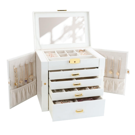 V-LAFUY Jewelry Holder Organizer, Large Jewelry Boxes for Women, 5 Layers 4 Drawers Jewelry Box with Handle Jewelry Organizer for Earrings Rings Necklaces Bracelets, White