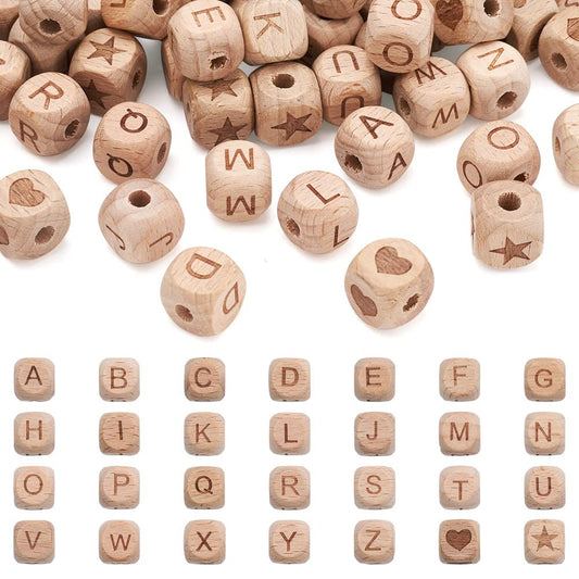 KISSITTY 98pcs Wooden Beads for Crafts Letter Wood Beads Cube Alphabet Beads Large Hole Wood Spacer Beads with Star Heart for Necklaces Bracelet Antique White Letters