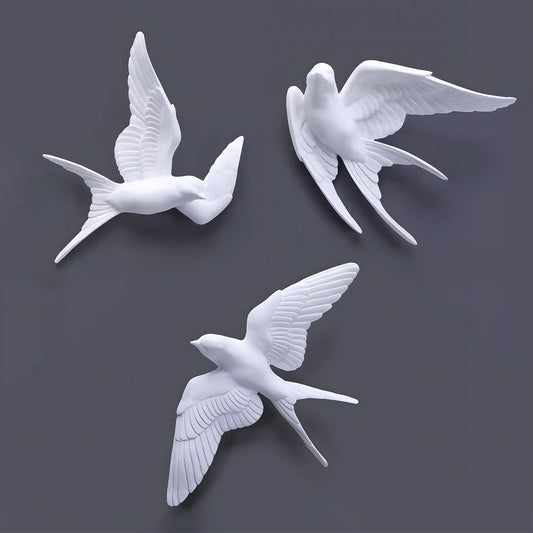 3 Pcs Swallows Bird Wall Sculpture, 3D White Birds Sparrows Swallows Decor, Outdoor/Indoor Peace Peace Dove Bird Figurines for Home, Garden and Patio (White)