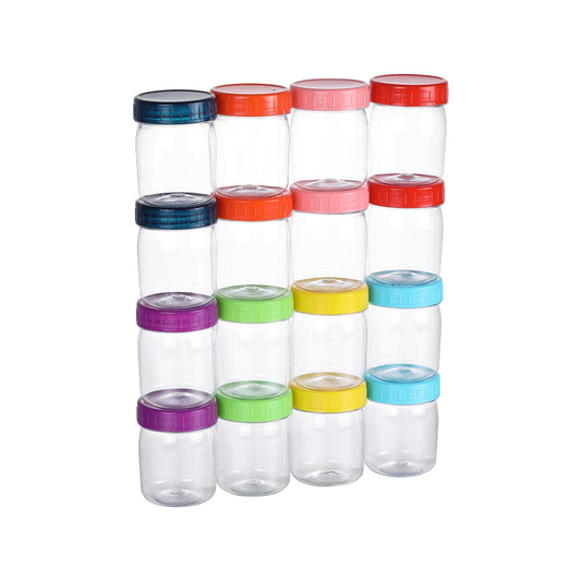 Novelinks 8 oz Plastic Mason Jars with Colorful Screw-On Lids – 16 Pack Clear Leakproof Storage Containers for Pantry, Crafts, Snacks, Spices – BPA-Free & Reusable