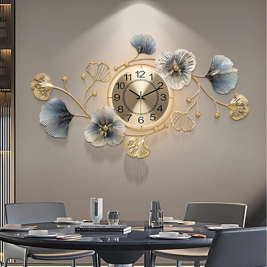LJSCLDF Large Metal Wall Clocks with Led Light,Silent Creative Decorative Clock,3D Ginkgo Leaf Wall Clocks for Living Room Bedroom Kitchen Office Decor (33.6 X 20 inch)