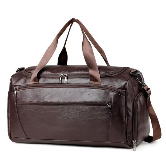 Faux Leather Travel Bag with Shoe Pouch, Brown, 30L Capacity, Unisex Weekender Overnight Duffel, Waterproof, Carry On Gym Tote Bag with Toiletry Packing Cube