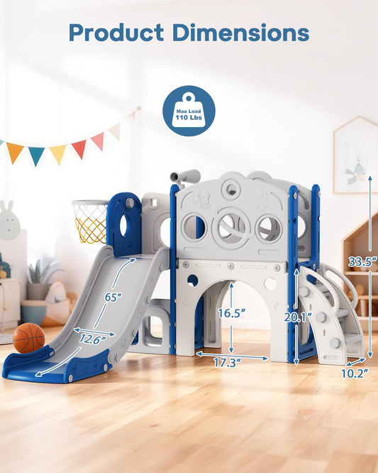 Babytronic Toddler Slide, 8 in 1 Kids Slide with Basketball Hoop, Telescope and Climber, Baby Slide Toddler Playground, Indoor Outdoor Playset for Toddlers Age 1-3, Kids Indoor Playground (Blue&Gray)