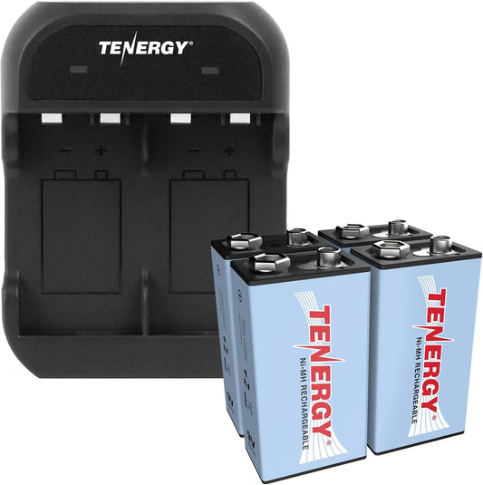 Tenergy 9V 250mAh 4 Pack 2 9V Battery Rechargeable NiMH Square Battery with Bay Battery Charger for Smoke