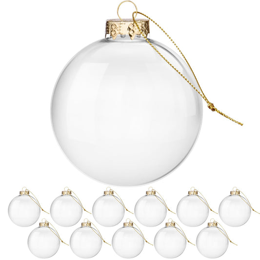 Clear Glass Ornaments for Crafts(3.15inch/80 mm, 12 Set) Large Fillable Hanging Ornaments for Christmas Tree Decor (Gold and Clear)