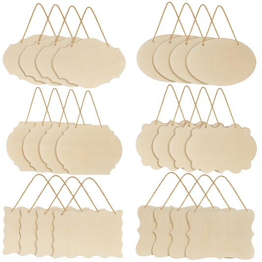 Jetec 24 Pcs Unfinished Hanging Wood Sign, Rectangular Wood Blank Plaque with Rope for Pyrography, Painting, Writing, Decoration, DIY Craft, 6 Designs