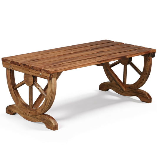 Outvita 39'' Outdoor Wooden Bench, 2-Person Rustic Wagon Wheel Bench with Slatted Seat and Carbonized Fir Wood Construction, Weather-Resistant Garden Bench for Patio, Porch and Backyard(Light Brown)