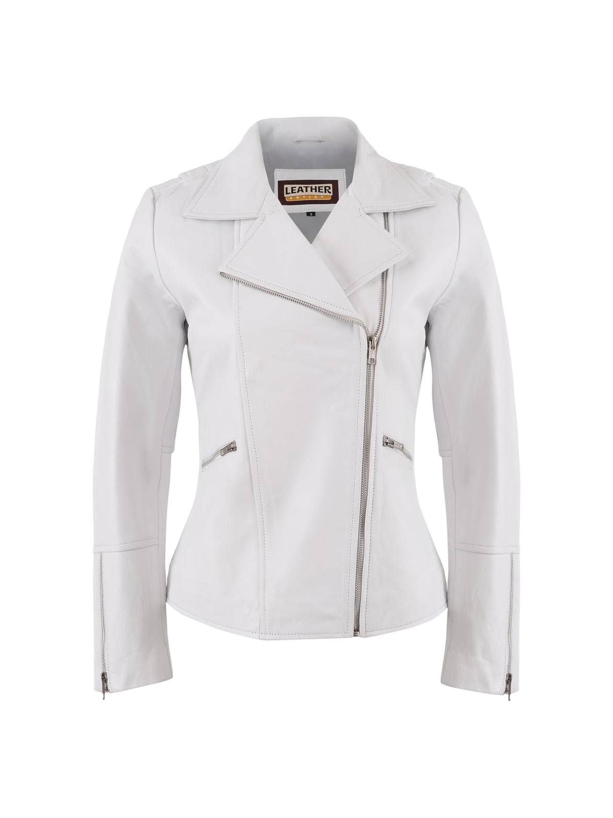 Leather Artist Women’s Real Lambskin Asymmetrical Motorcycle Jacket-Biker Style Genuine Womens Leather Jacket (LA-Biker.Wo-White-2XL)