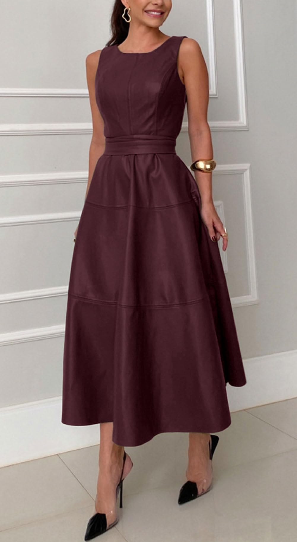 CHARTOU Women PU Faux Leather Sleeveless Elegant Flowy Long Dress Party Night Out Dress with Belt (Large, Red)