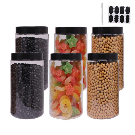 zmybcpack 6 Pack 40 oz Plastic Jars With Lids, Extra Labels, 1 Pen, Clear PET Seal Jar for Food Storage,Wide Opening Storage jar for Dry Food, Peanut, Powder, Kitchen & Craft Storage