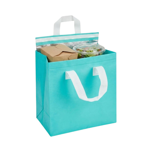 Restaurantware Insulated Delivery Bags 100 Count 9.449 x 5.906 x 10.236 Inches Nonwoven Take Out Bags For Food With Sturdy Handles, Teal Insulated Grocery Bags Tamper-Evident Foldable