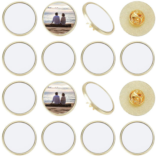 SOFPLATE 20 Sets 1 Inch Round Blank Pins Sublimation Blank Buttons Small Gold Alloy Disk Base Transfer Design Making Kits Team Party Decor Brooch Pin Bulk for Jewelry Making Lapel Supplies DIY Crafts