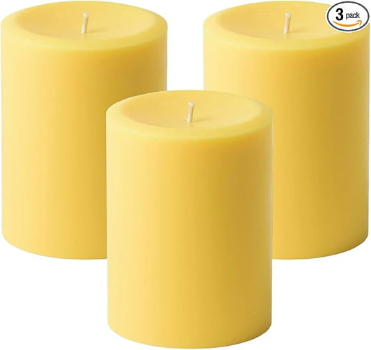 Mister Candle Dripless Unscented Pillar Candles, Set of 3 Hand Poured Solid Color Non-Scented Candles for Home Decor, Premium Wax, 60 Hr Burn Time - 3x4 Inch, Yellow