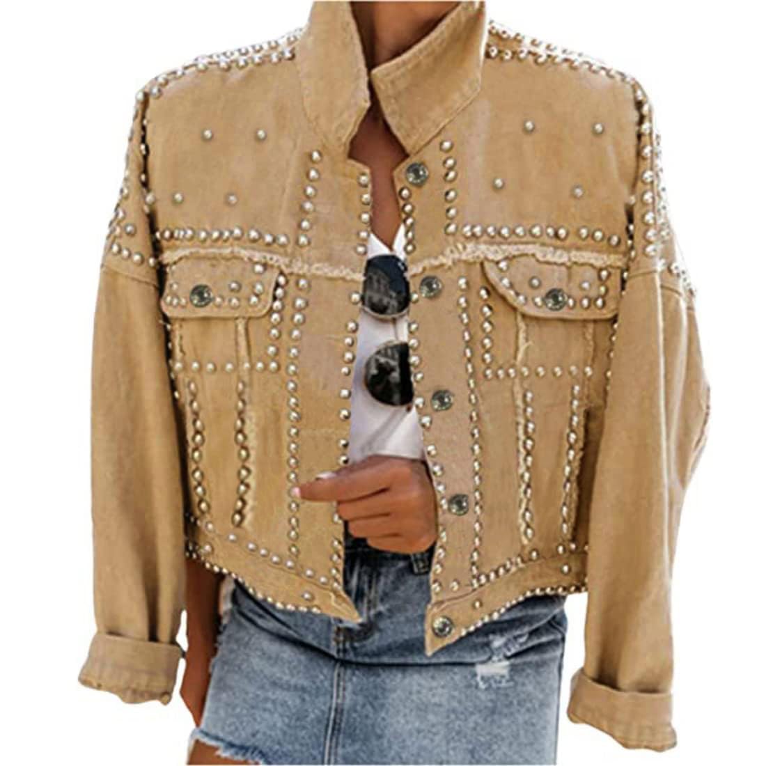 Omoone Women's Long Sleeve Rivet Studded Denim Jacket Casual Washed Pearl Short Jean Coat(2140-Khaki-XL)