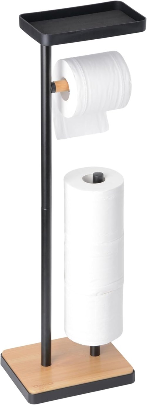 Clasin Home Toilet Paper Holder - Free Standing Design with Storage & Top Shelf | Black Bamboo Style