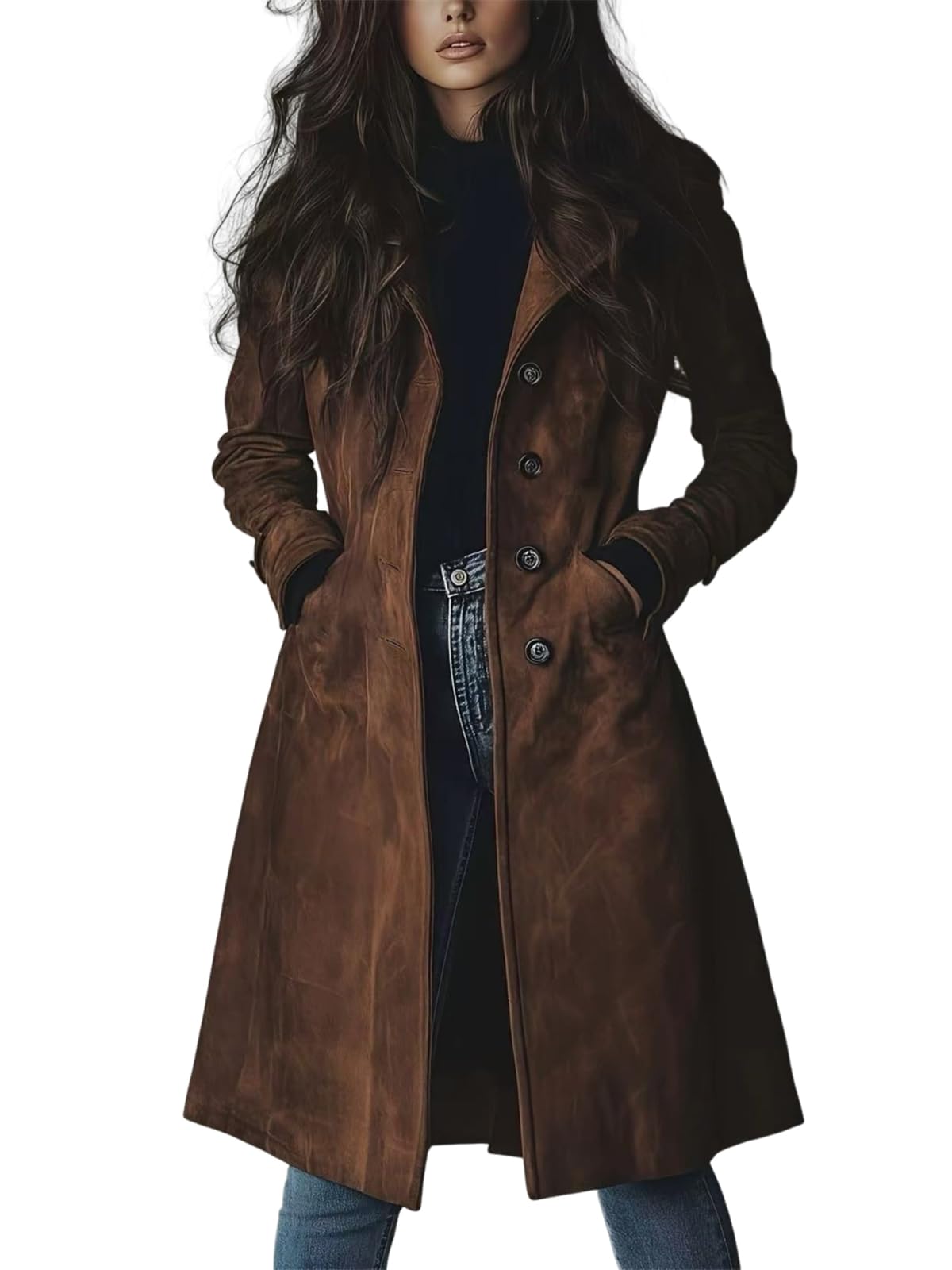 chouyatou Women's Fall Faux Suede Leather Trench Coat Casual Lapel Midi Long Dressy Blazer Jacket Coat with Pockets (X-Small, Coffee Brown)